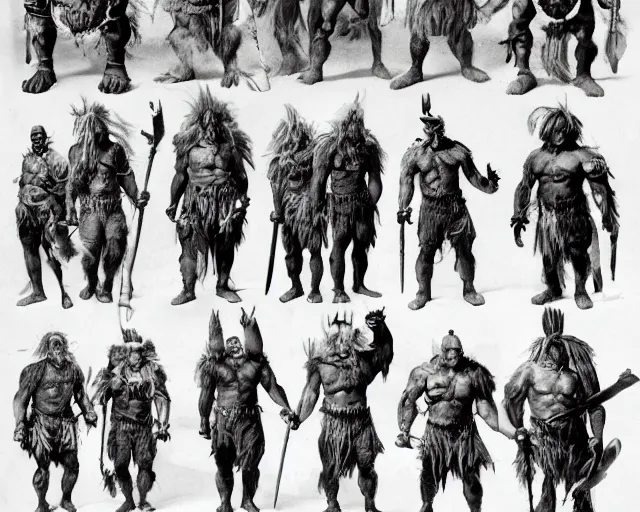 Prompt: group vintage photograph of a real fantasy warrior orc tribe, tall, muscular, armored, tribal paint, highly detailed