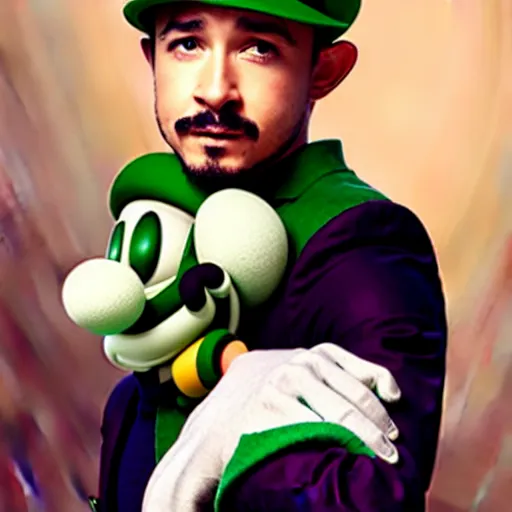 Image similar to uhd candid photo of shia lebeuouf dressed as luigi. cinematic lighting, photo by annie leibowitz, hyperdetailed.