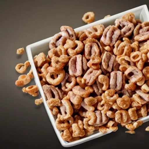 Image similar to promotional photo of a cereal box with cereal made of tiny steaks, their slogan is early meat!,