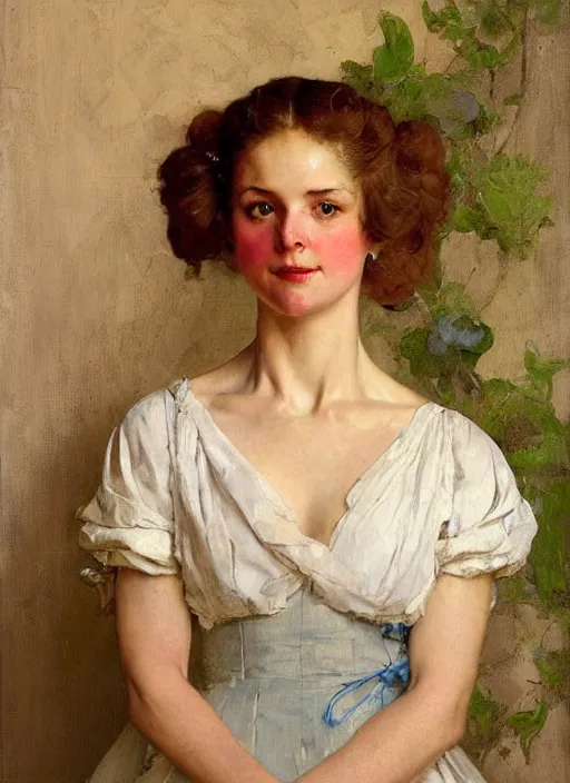 Image similar to illustration upper body and head portrait of elegant woman in summer dress, by norman rockwell, roberto ferri, daniel gerhartz, tom lovell, dean cornwell