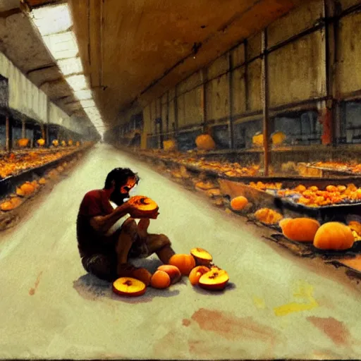 Image similar to feral man eating peaches in a factory, hunched over, mild mild impressionism, factory background, sharp colors, by greg rutkowski and asher duran