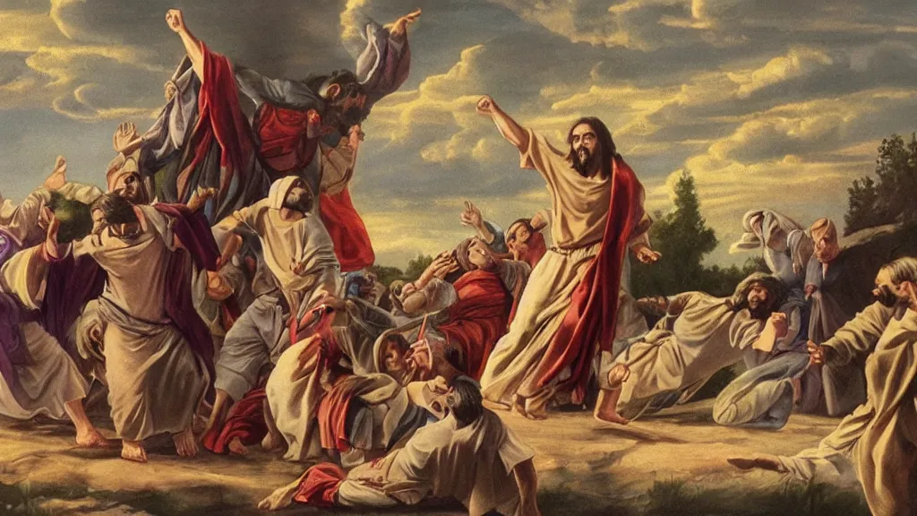 Prompt: jesus hitting the whip, photo realistic, detailed