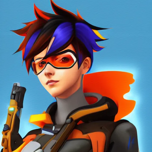 Image similar to digital painterly artwork of tracer from the game overwatch