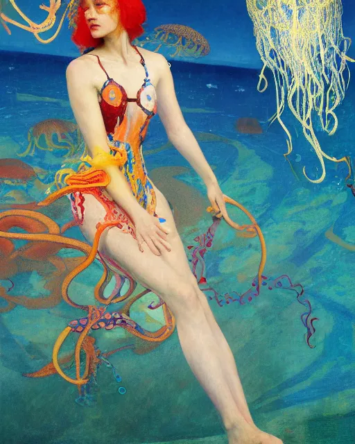 Image similar to a beautiful girl underwater wearing a colourful octopus as a dress and surrounded by glowing jellyfish, painted by edgar maxence, edward hopper, wayne barlowe and james gilleard, airbrush, art by jamesjean