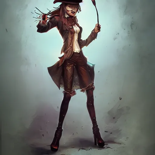 Image similar to realistic, full body portrait, attractive grungy female mad hatter, by Jordan Grimmer and greg rutkowski, crisp lines and color,