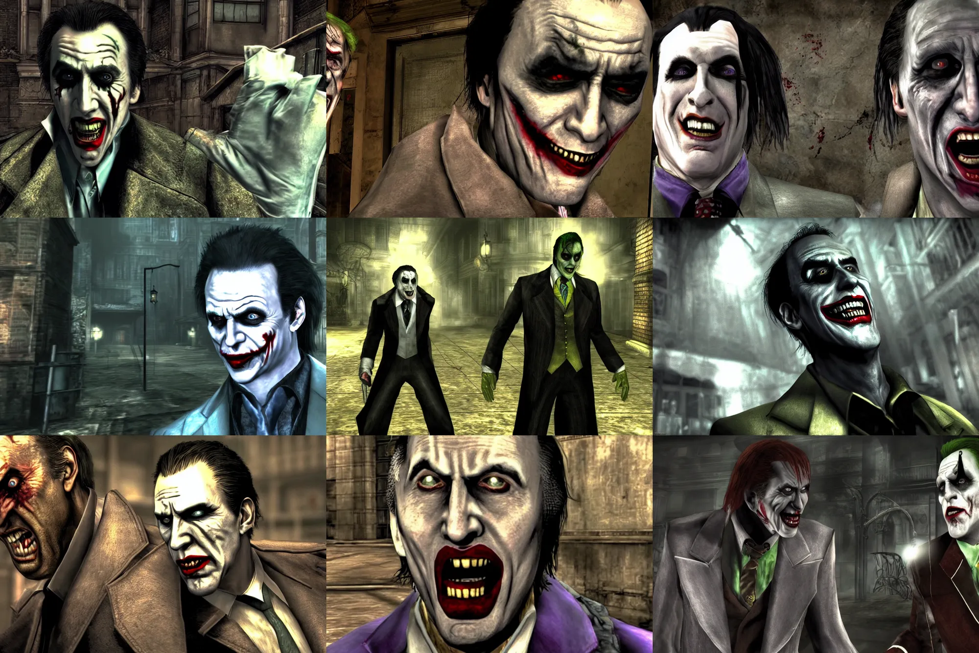 Prompt: nicolas cage as the joker in batman : arkham asylum ( 2 0 0 9 ), ps 3 / x 3 6 0 gameplay screenshot 1 0 8 0 p