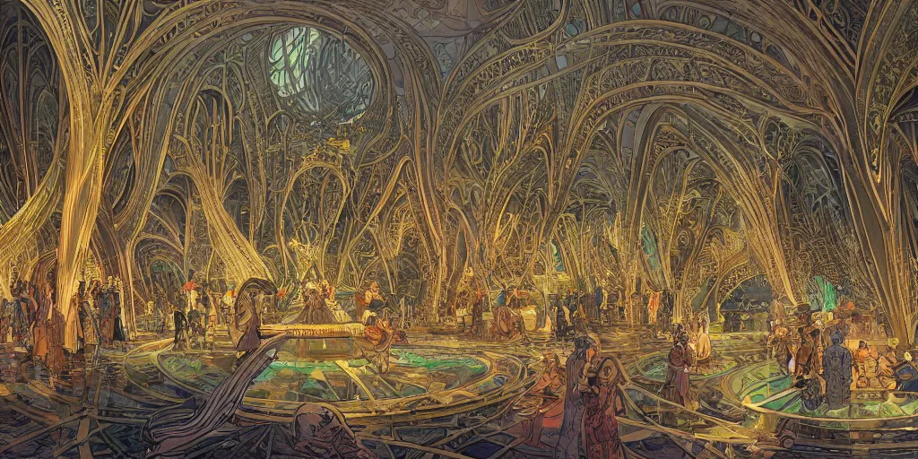 Image similar to the interior of a scifi space station with ornate elven architecture bustling with people by jean giraud moebius, crystalline, emerald, highly detailed matte illustration by moebius, clean lines, sharp focus, intricate, elegant