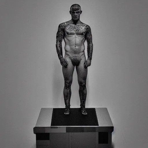 Image similar to “a realistic detailed photo of a guy who is an attractive humanoid who is half robot and half humanoid, who is a male android, boxer Conor McGregor, shiny skin, posing like a statue, blank stare”