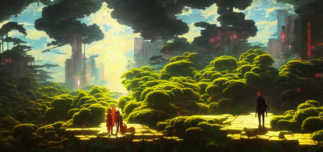 Image similar to baroque oil painting of anime key visual environment concept art of a garden of eden in a cyberpunk world, brutalist, dark fantasy, apocalyptic, rule of thirds, digital cel shading, fake hidden detail, trending on pixiv fanbox, acrylic palette knife and brush, style of makoto shinkai studio ghibli jamie wyeth james gilleard greg rutkowski