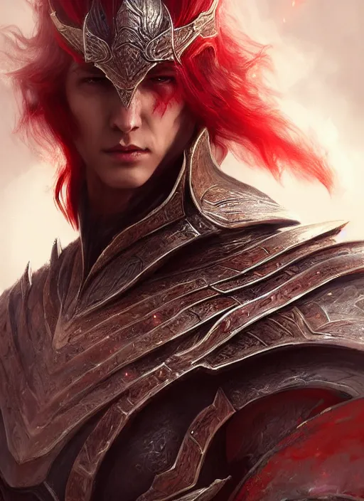 Prompt: Half-body portrait a handsome elven red-head prince in a dragon scale armour. In style of Hyung-tae Kim and Greg Rutkowski, concept art, trending on ArtStation, Korean MMORPG, over-detailed art, 8K, epic, dynamic lightning, dramatic pose.