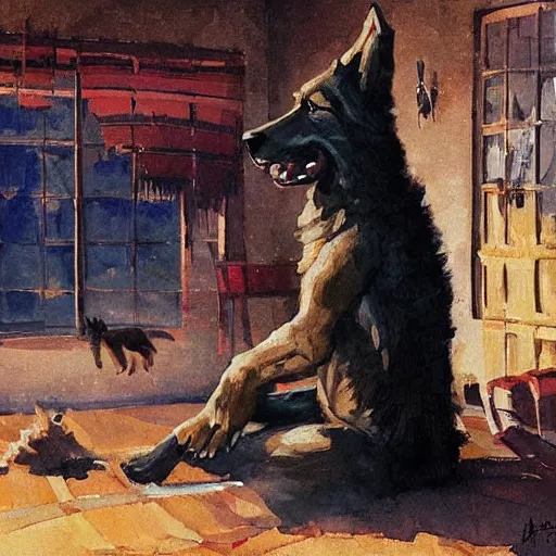 Image similar to a humanoid german shepherd beast - man, sitting and watching a soccer match in his house on television, he has hurt his knee and is a dad, by erin hanson, alexi zaitsev, karl spitzweg, award winning, tv set