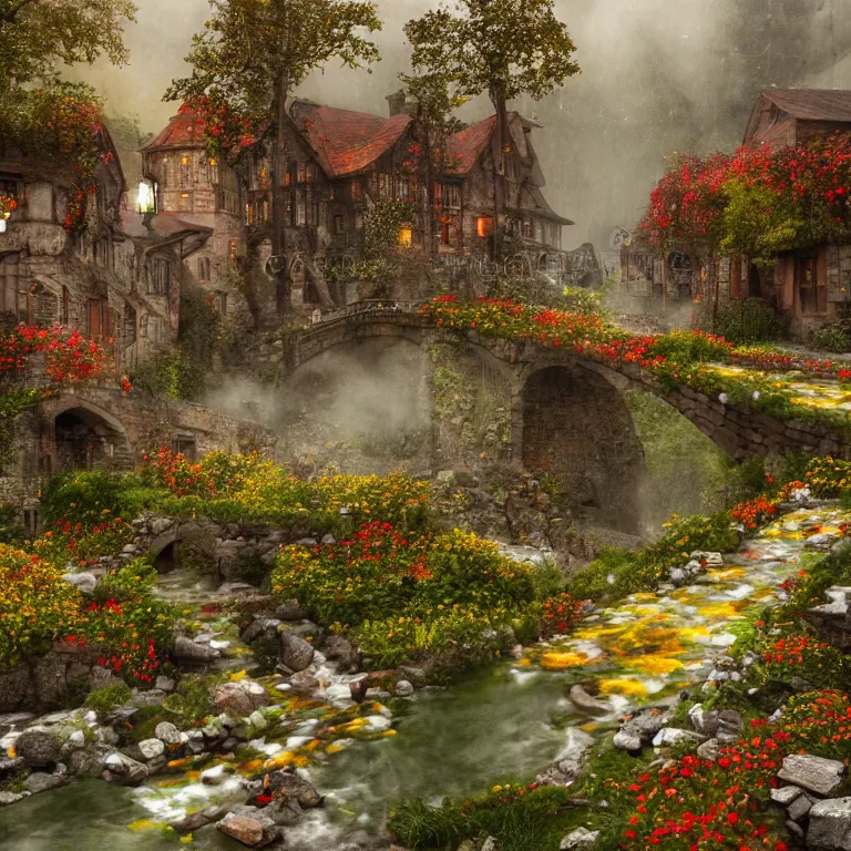 Prompt: medieval village, ornate, beautiful, atmosphere, vibe, mist, smoke, chimney, rain, well, wet, pristine, puddles, red and yellow flowers, waterfall, melting, dripping, snow, creek, lush, ice, bridge, cart, orange, green, stained glass, forest, flowers, concept art illustration, color page, trending on artstation