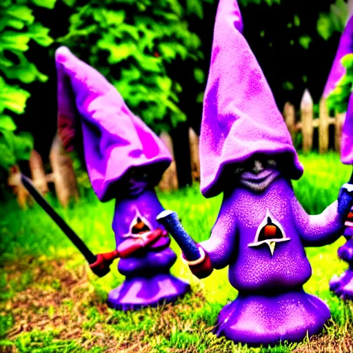 Image similar to purple gnome controlling spirits to fight off tree people in a winery. fantasy