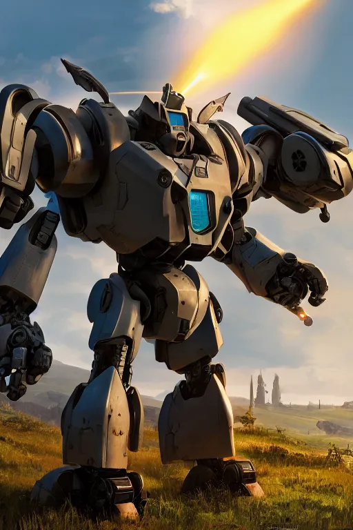 Image similar to mechwarrior 5 : mercenaries mech megaman transformer robot boss tank engine game octane render, 4 k, hd 2 0 2 2 3 d cgi rtx hdr style chrome reflexion glow fanart, global illumination ray tracing hdr fanart arstation by ian pesty by jesper ejsing pixar and disney unreal zbrush central hardmesh