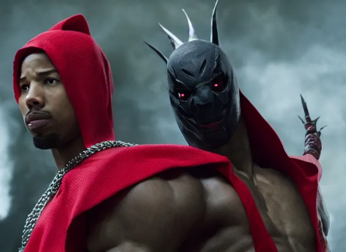 Image similar to film still of michael b jordan as spawn in the new spawn movie, giant chains, large cape, 8 k