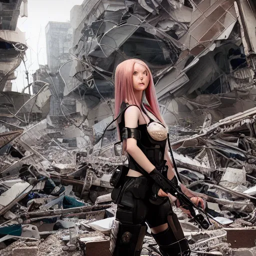 Image similar to beautiful android girl in full battle gear in a destroyed city, moody lighting, 8 k, shallow depth of field, cinematic lighting,