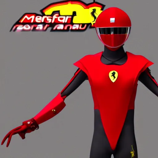 Image similar to Tokusatsu character based on Ferrari, red mechanical skinny body, chest plate with Ferrari logo, stylized motorcycle helmet, full body, unreal engine, 3D model