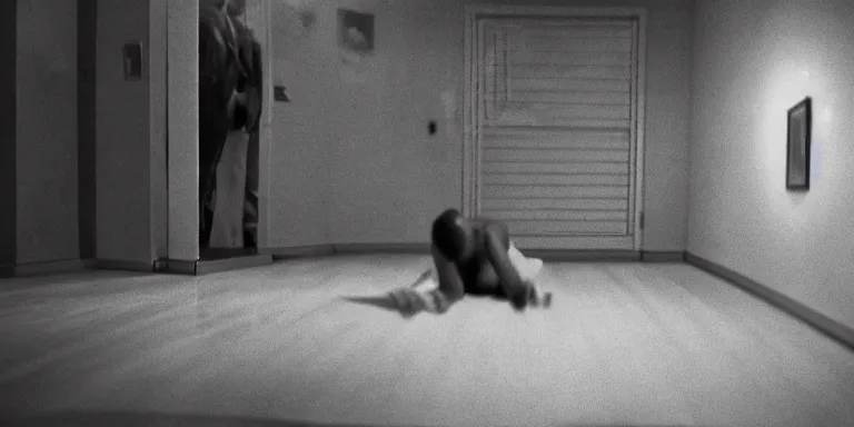 Prompt: photorealsitic Cinematography of a man crying on the floor at night in a mid century modern apartment shot on film at magic hour in a room filled with volumetric haze by the shining Cinematographer john alcott on a 9.8mm wide angle lens.