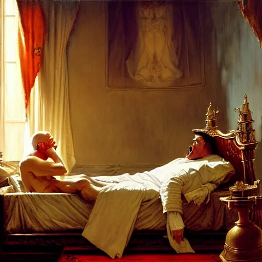 Image similar to the pope wakes up is his bed, sweating, nervous, terrified, because a double horned shadow demon lurks in the papal bedroom. highly detailed painting by gaston bussiere, j. c. leyendecker, greg rutkowski, craig mullins 8 k