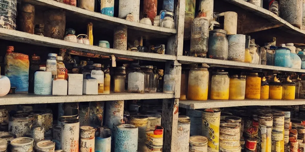 Image similar to extreme close - up of half empty shelves of a sundry shop at pulau indah fishing village, near a jetty, early morning, detailed matte painting, low angle view, telephoto lens, bokeh, studio ghibli, artstation