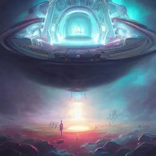 Prompt: synthwave stargate in a brain cloud of thunderstorm dreams by peter mohrbacher and emmanuel shiu and martin johnson heade and bastien lecouffe - deharme