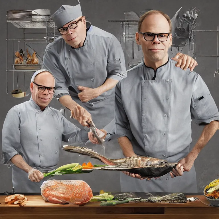 Image similar to “chef Alton Brown and a grey cat cooking a whole fish on iron chef, digital art, hyperdetailed, 8k”