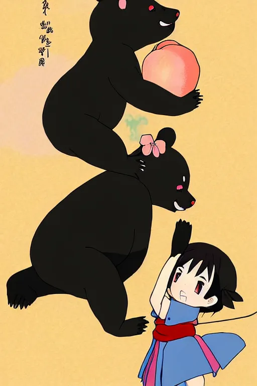 Prompt: anime style painting of an anthropomorphic asian black bear, lifting up a small girl wearing a kimono, to pick a golden peach from a branch above their heads. fantasy. artstation. deviantart. in the style studio ghibli