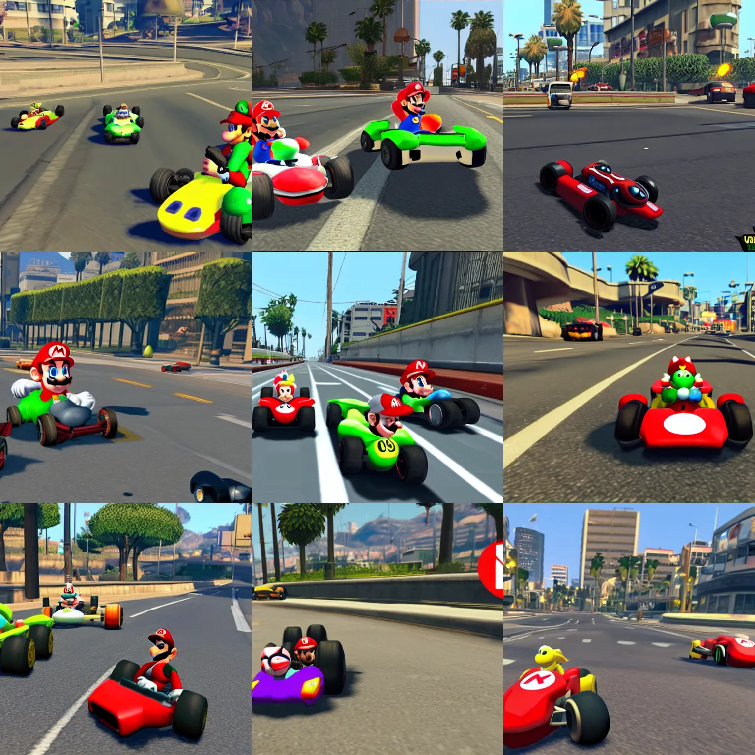 Prompt: Mario Kart on the streets of gta 5