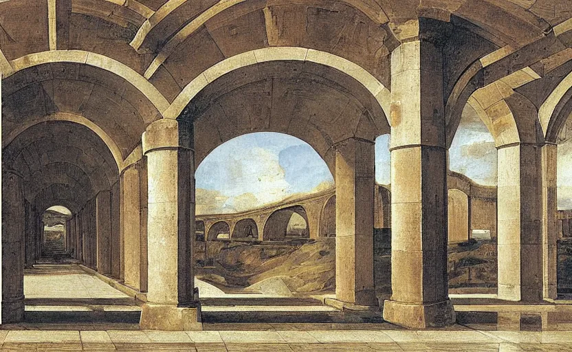 Prompt: tiled room squared waterway, aqueducts. by rembrant, battle angel alita, ralph mcquarrie, aluminum, 1 6 6 7