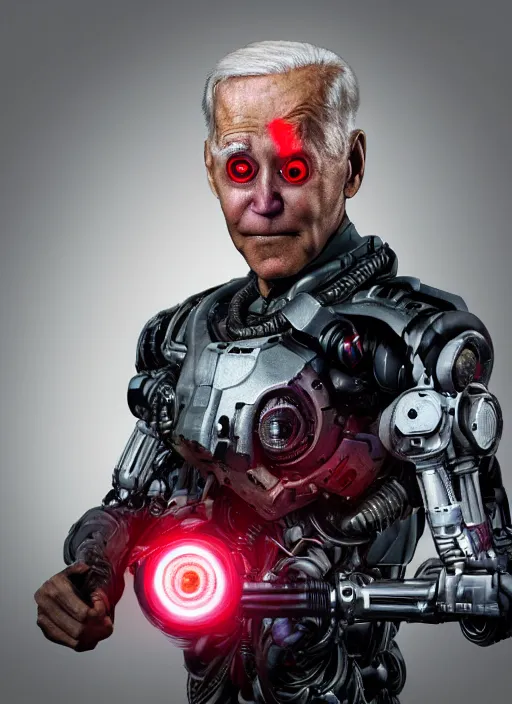 Prompt: hyper realistic ultra realistic cyborg photo Doom furious glowing red eyes biden