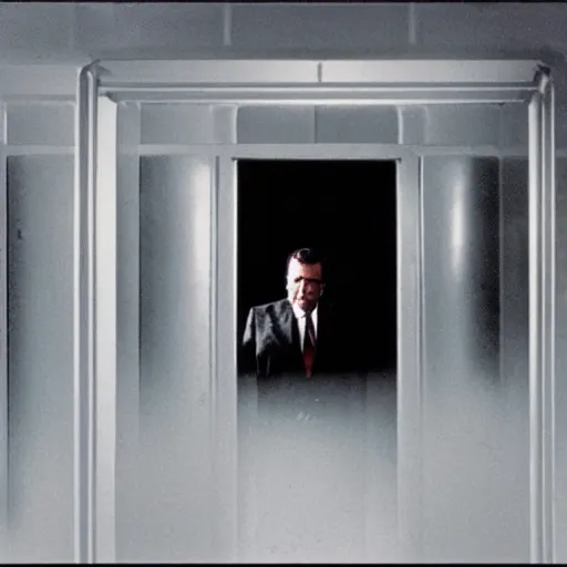 Image similar to a 1 9 7 0 s movie still of richard nixon trapped in a featureless white void room