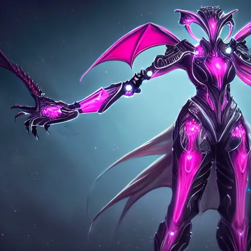 Image similar to highly detailed exquisite fanart, of a beautiful female warframe, but as an anthropomorphic robot female dragon, glowing eyes, off-white plated armor, bright Fuchsia skin, sharp claws, royal elegant pose, close full body and head shot, epic cinematic shot, realistic, professional digital art, high end digital art, sci fi, DeviantArt, artstation, Furaffinity, 8k HD render, epic lighting, depth of field