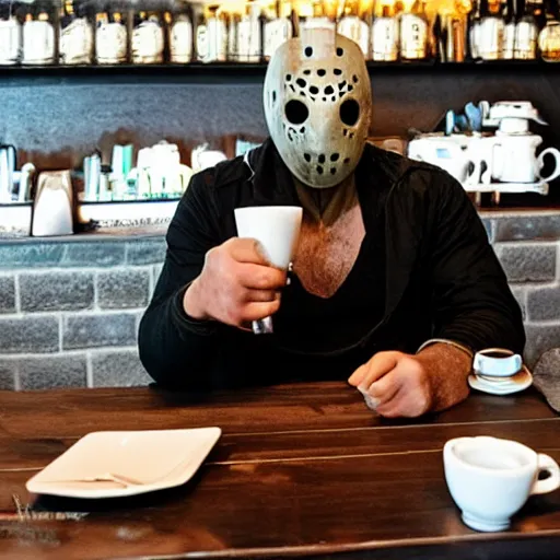 Image similar to photograph of jason voorhees having a coffee at an european caffé