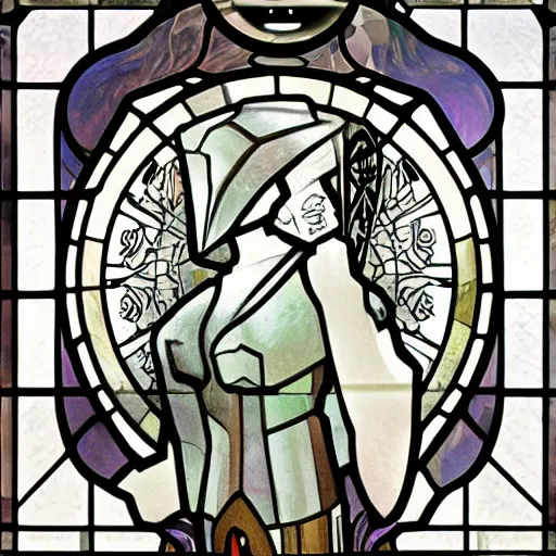 Prompt: Mysterious Robot, 2D Noire, Alphonse Mucha, stained glass window