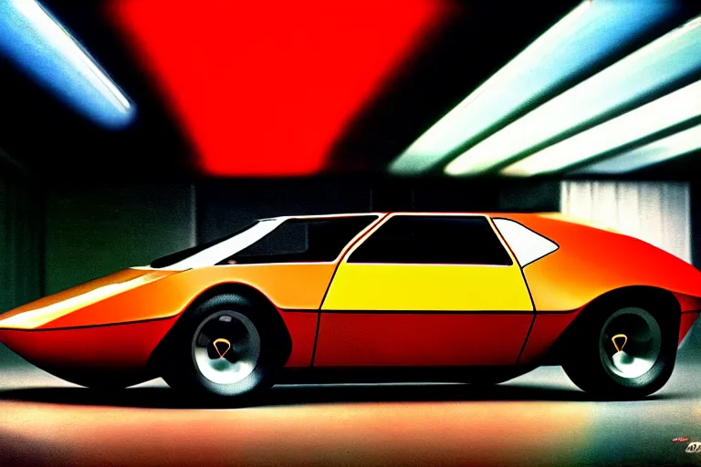 Prompt: designed by giorgetto giugiaro stylized poster of a single 1 9 6 9 amc amx / 3 citroen ds bmw m 1 concept, thick neon lights, ektachrome photograph, volumetric lighting, f 8 aperture, cinematic eastman 5 3 8 4 film