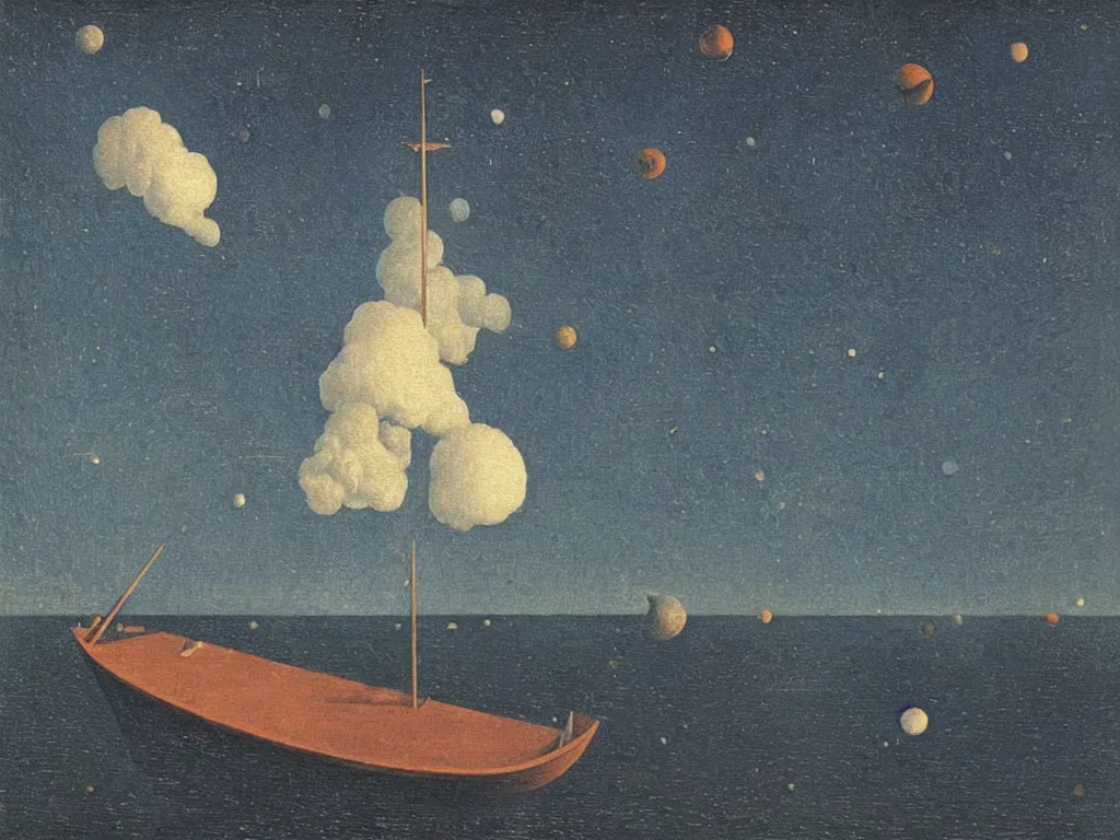 Image similar to wooden ship on the dark sea with meteor showers. painting by bosch, rene magritte