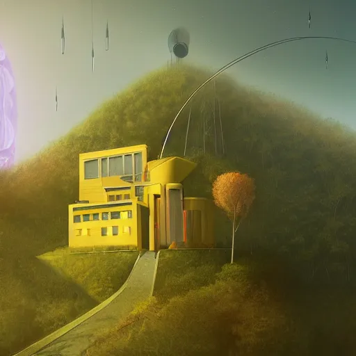 Image similar to futuristic yellow house on a hill with big trees, multiple moons, dramatic lighting, artstation, matte painting, raphael lacoste, simon stalenhag, frank lloyd wright, zaha hadid