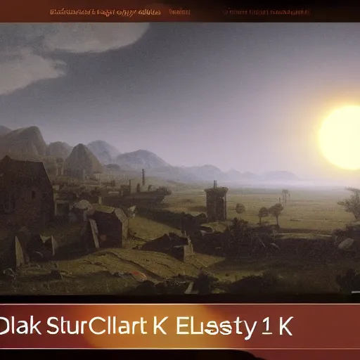 Image similar to dark solar eclipse, above a village, highly detailed, studio 4 k quality, by alexandre calame