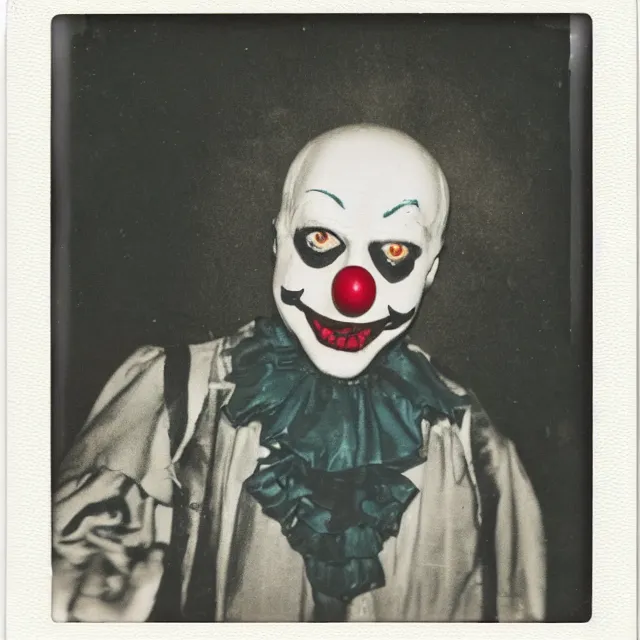 Image similar to a found polaroid photograph of a frightening clown, night