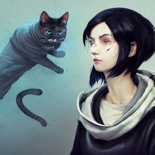 Image similar to a pale skinny white young girl with black hair, the hime cut, 1 8, in a black hoodie, and a cat, apex legends character, digital illustration portrait design, by android jones and greg rutkowski, retrowave color scheme, detailed, cinematic lighting, wide angle action dynamic portrait