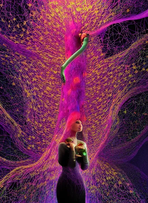 Prompt: hyper detailed 3d render like a Oil painting - Aurora (beautiful Singer) seen Eating of the Strangling network of yellowcake aerochrome and milky Fruit and Her delicate Hands hold of gossamer polyp blossoms bring iridescent fungal flowers whose spores black out the foolish stars by Jacek Yerka, Mariusz Lewandowski, Houdini algorithmic generative render, Abstract brush strokes, Masterpiece, Edward Hopper and James Gilleard, Zdzislaw Beksinski, Mark Ryden, Wolfgang Lettl, hints of Yayoi Kasuma, octane render, 8k