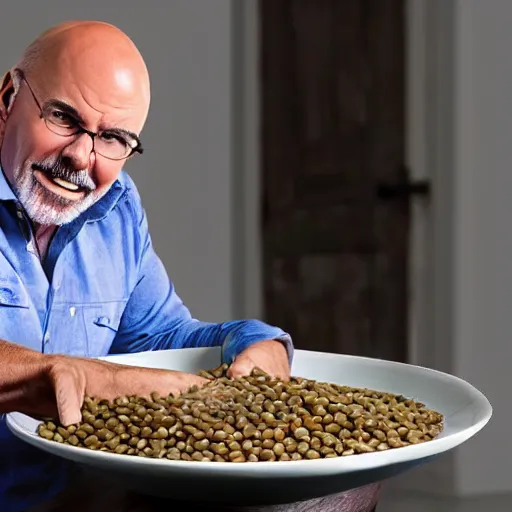 Prompt: Dave Ramsey eating a bowl of cooked lentils, unhappy, dirty house, wearing dirty clothes, realistic, 4K, highly detailed,
