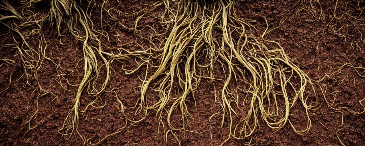 Image similar to roots made of spaghetti, growing from the dirt, kodachrome, in the style of wes anderson, retro