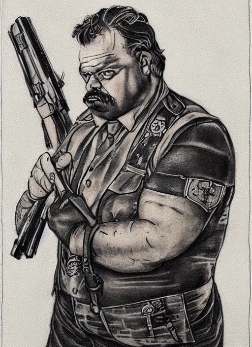 Image similar to gk chesterton as a buff mercenary with tattoos and a shotgun. portrait by james gurney.