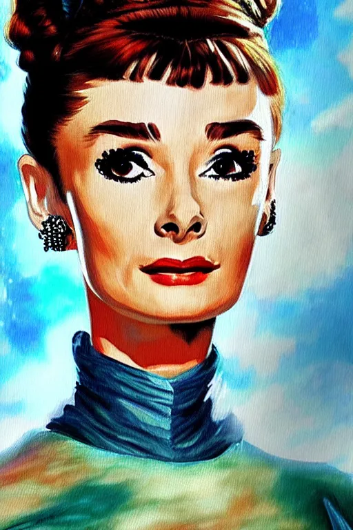 Prompt: impressionism painting of a d & d style retro sci - fi audrey hepburn beautiful face and wearing full detailed clothing