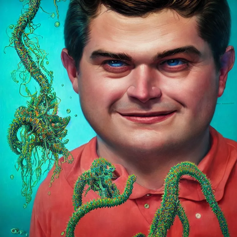 Image similar to Hyperrealistic intensely colored close up studio Photograph portrait of deep sea bioluminescent Congressman Matt Gaetz, symmetrical face realistic proportions eye contact, Grinning in a coral reef underwater tentacles barnacles, award-winning portrait oil painting by Norman Rockwell and Zdzisław Beksiński vivid colors high contrast hyperrealism 8k