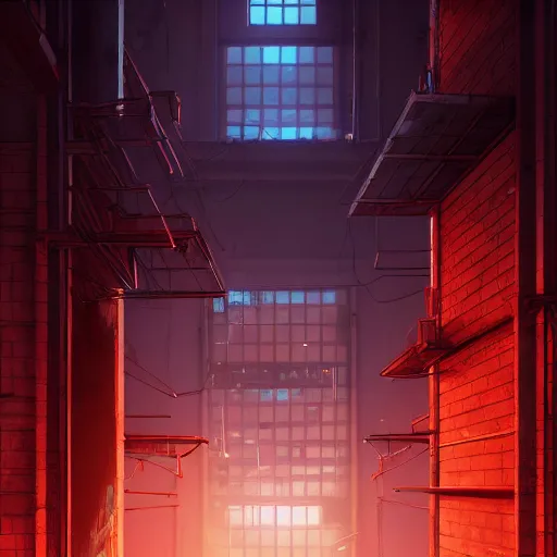 Image similar to One dilapidated building with only one window glowing. ArtStation, Cyberpunk, Vertical Symmetry, 8K, Highly Detailed, Intricate, Album Art.