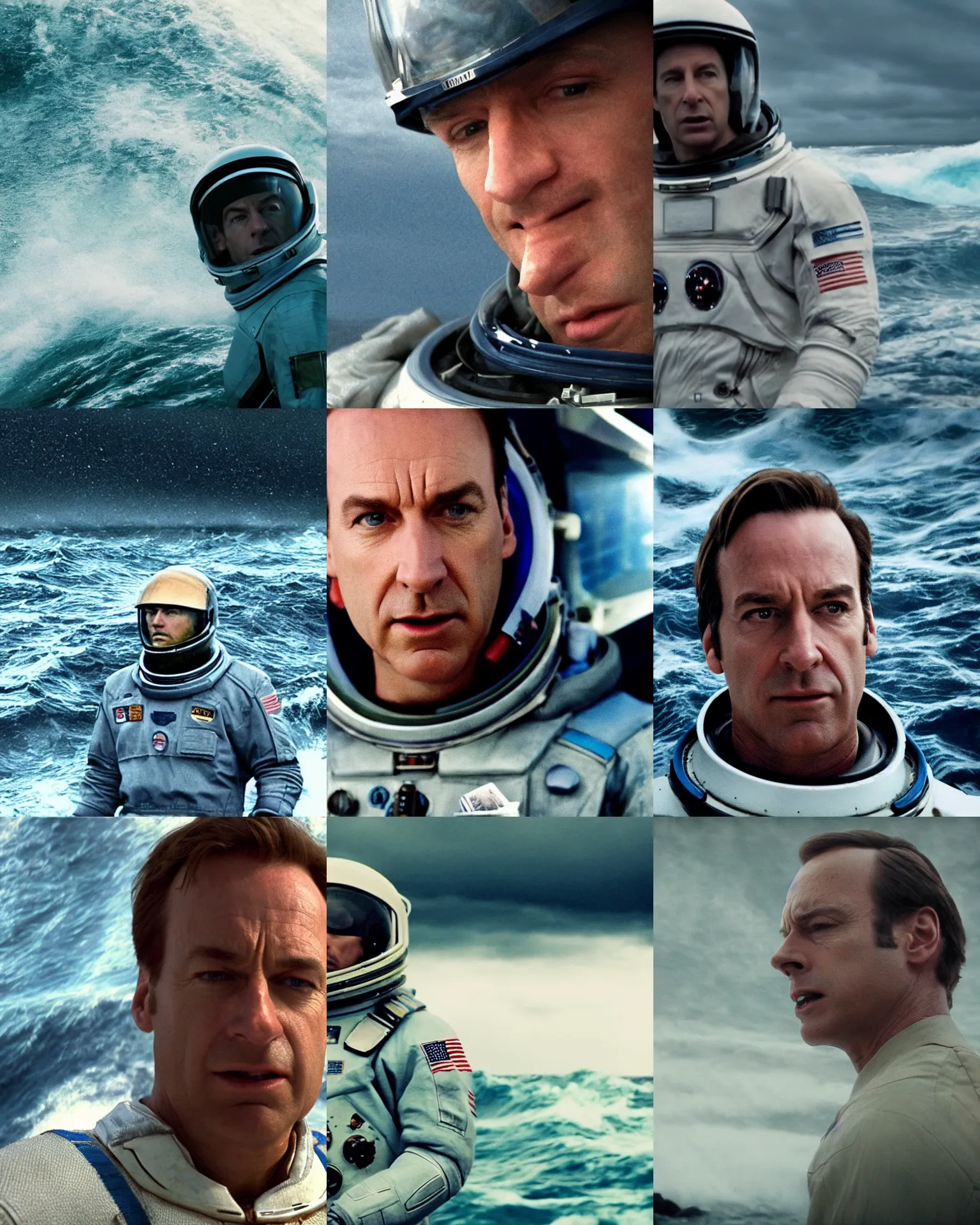 Prompt: on ocean , cinematic close up shot of saul goodman wearing the spacesuit in scene from the movie interstellar ,shady dull weather, natural dull colours, exteremely giant ocean wave in background