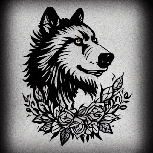 Prompt: tattoo design, stencil, bear, wreath surrounding wolf