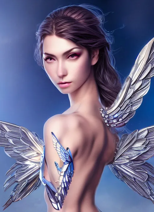 Image similar to photo of a gorgeous young mechanical angel woman with crystal wings in the style of stefan kostic, realistic, sharp focus, 8 k high definition, insanely detailed, intricate, elegant, art by stanley lau and artgerm